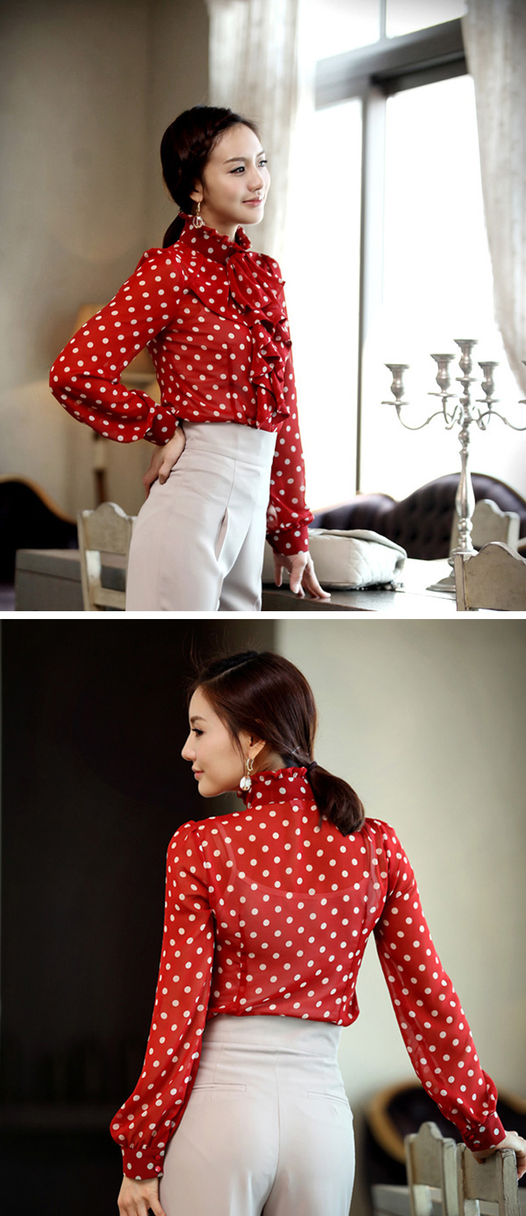 淑女阁华贵立领波点荷叶长袖衬衫|sn11-029