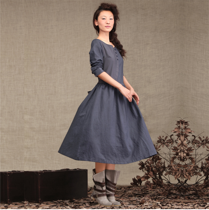 inman茵曼女装棉麻绑带修身连衣裙女op50066 灰色 s