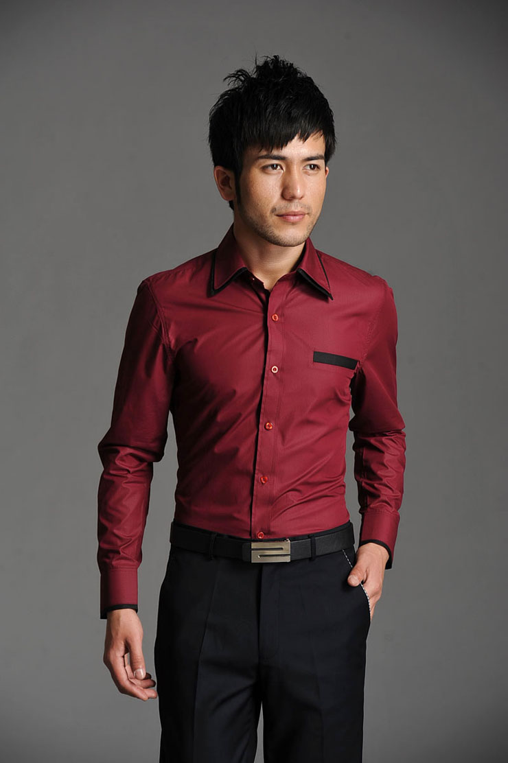 hy韩版男士衬衫红色经典衬衫长袖衬衫 红色 l