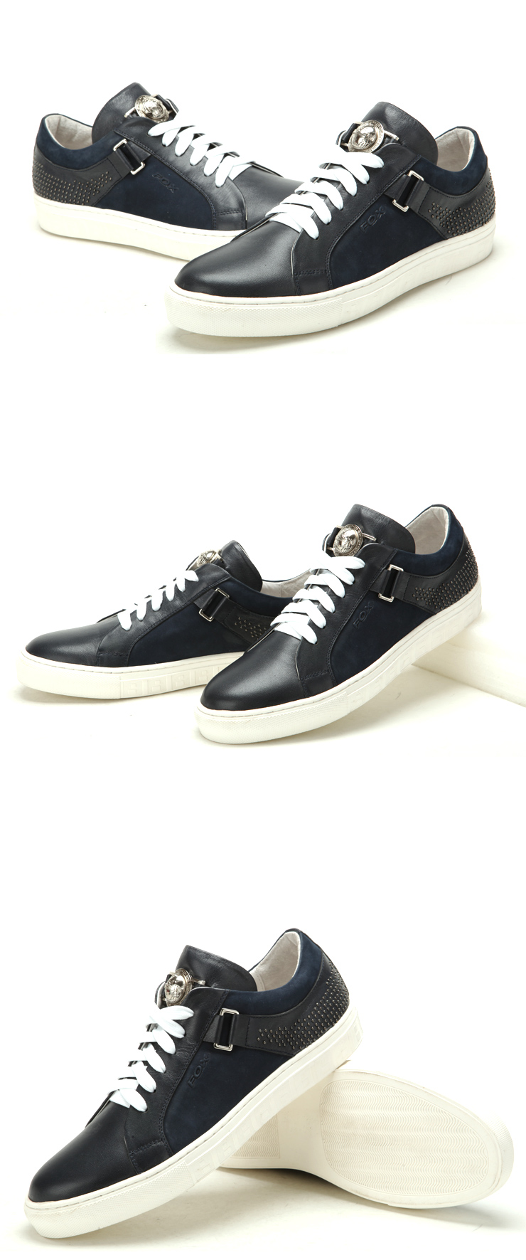 金狐狸 真皮英伦男士皮鞋休闲鞋时尚系带透气板鞋 0926002 蓝色 42