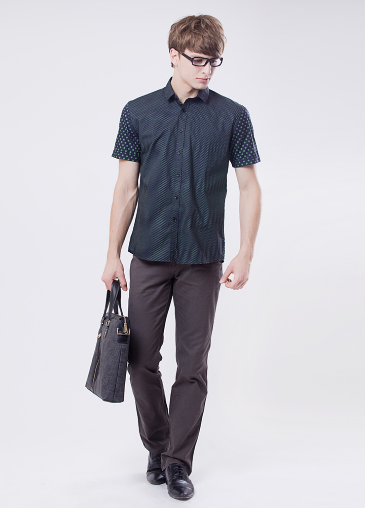 步森busen 夏季纯棉修身休闲短袖衬衫 62221216 绿色 50