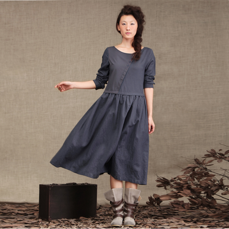 inman茵曼女装棉麻绑带修身连衣裙女op50066 灰色 s