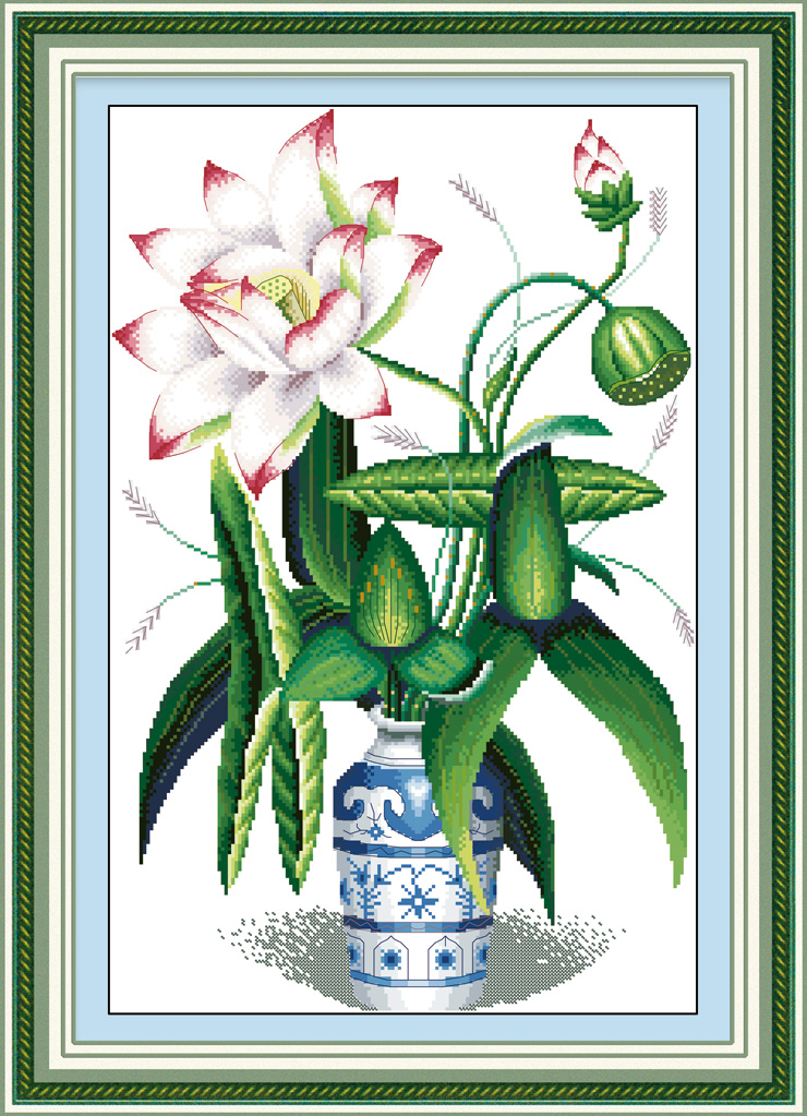 菲绣绣艺 100%精准印花十字绣 醉影荷花 50*72cm 生态棉线