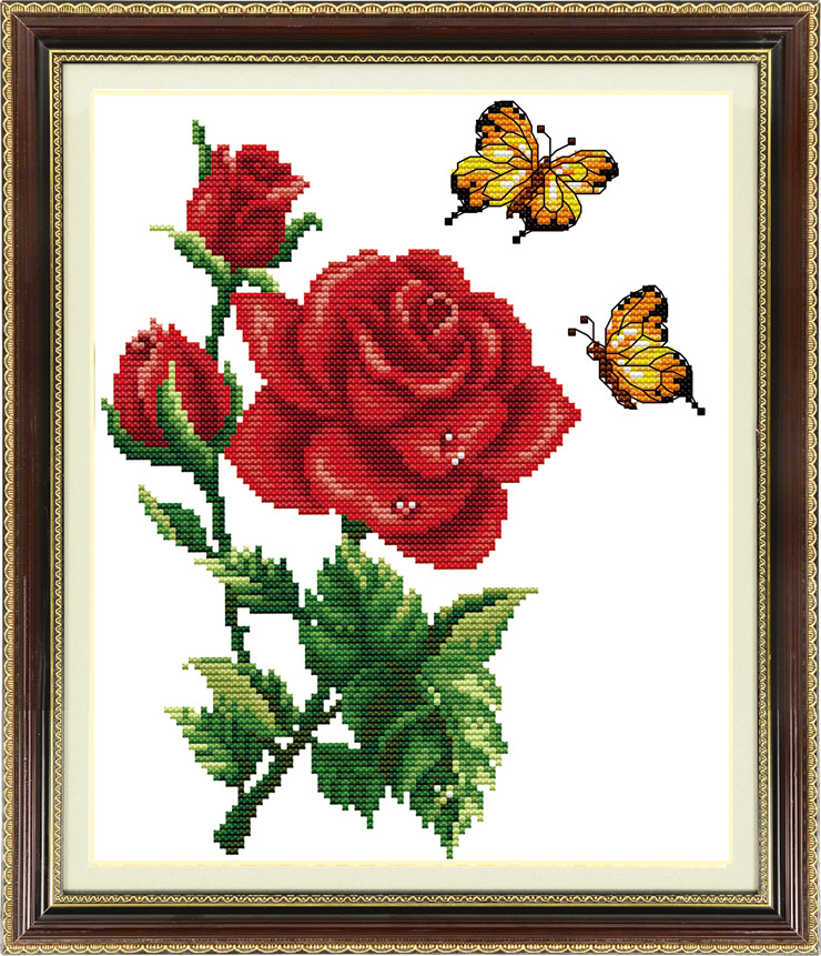 菲绣绣艺 十字绣套件 半成品 挂画蝶恋花(红)hc-5473 白布画格十字绣