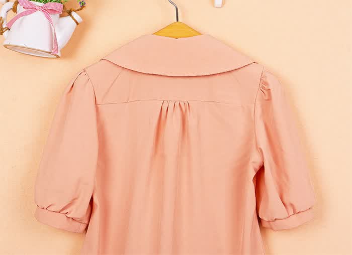 天空岛 韩国夏季新款女娃娃翻领木耳边拼接中袖衬衫 c2120701m 藕杏色