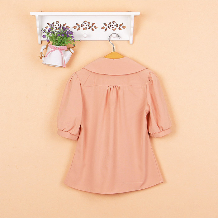 天空岛 韩国夏季新款女娃娃翻领木耳边拼接中袖衬衫 c2120701m 藕杏色