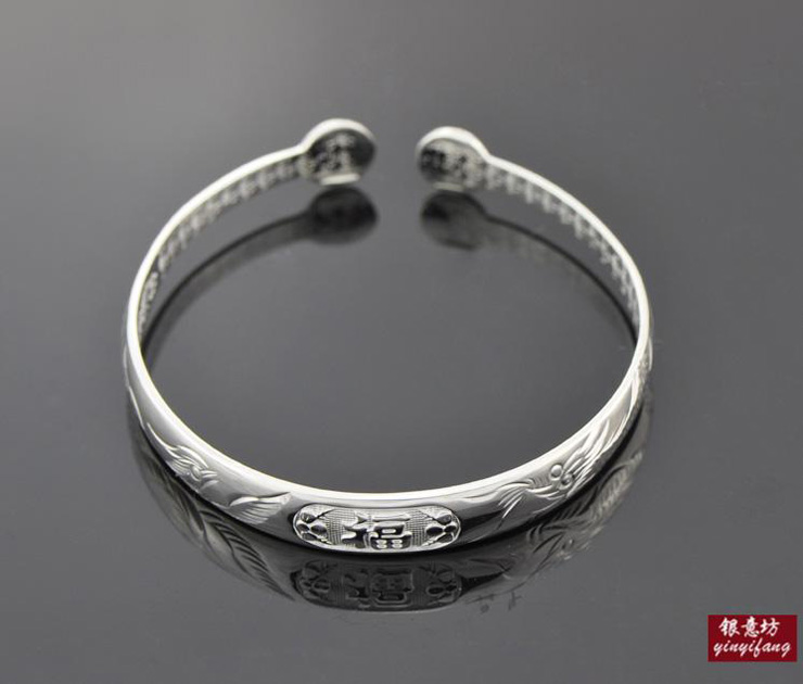 银意坊 s990纯银手镯 龙凤福开口足银手镯 银饰品女 镯子 约24克
