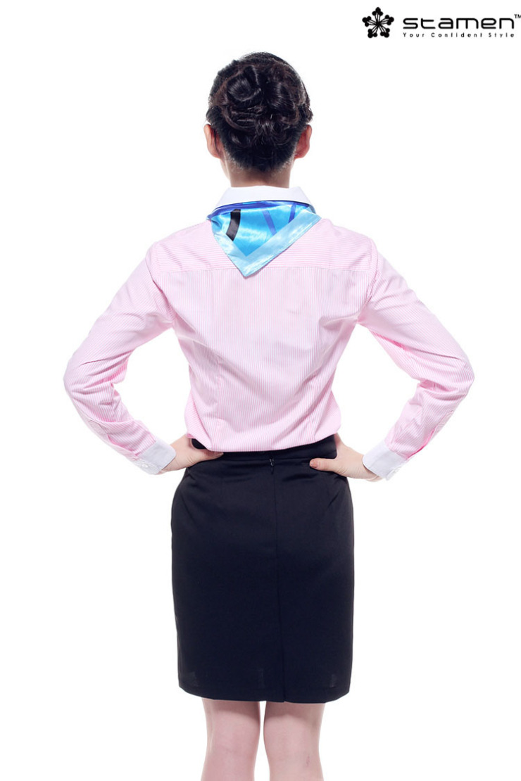 
                                        stamen 2017女装新品 白领职业衬衫女长袖香槟竖条纹长袖衬衣气质修身职业装工作装 香槟白襟蓝条长袖 M                