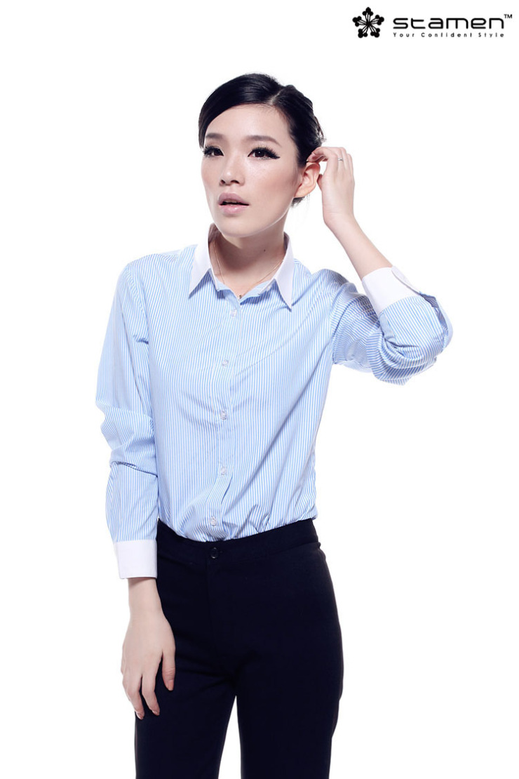 
                                        stamen 2017女装新品 白领职业衬衫女长袖香槟竖条纹长袖衬衣气质修身职业装工作装 香槟白襟蓝条长袖 M                