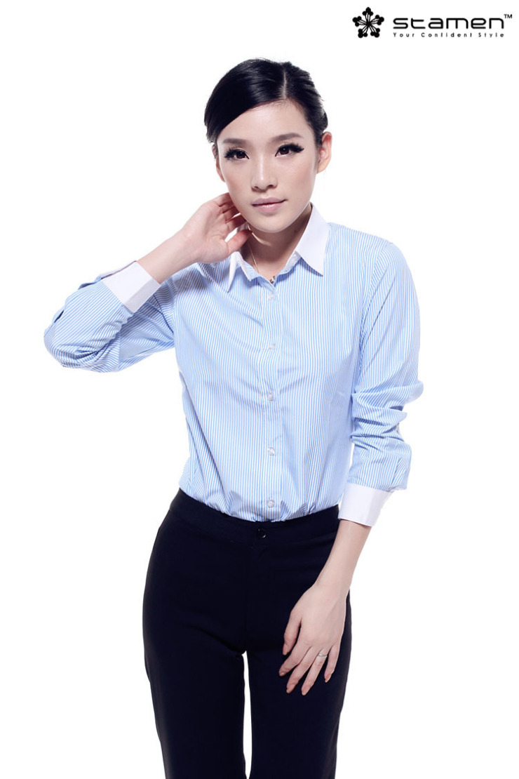 
                                        stamen 2017女装新品 白领职业衬衫女长袖香槟竖条纹长袖衬衣气质修身职业装工作装 香槟白襟蓝条长袖 M                