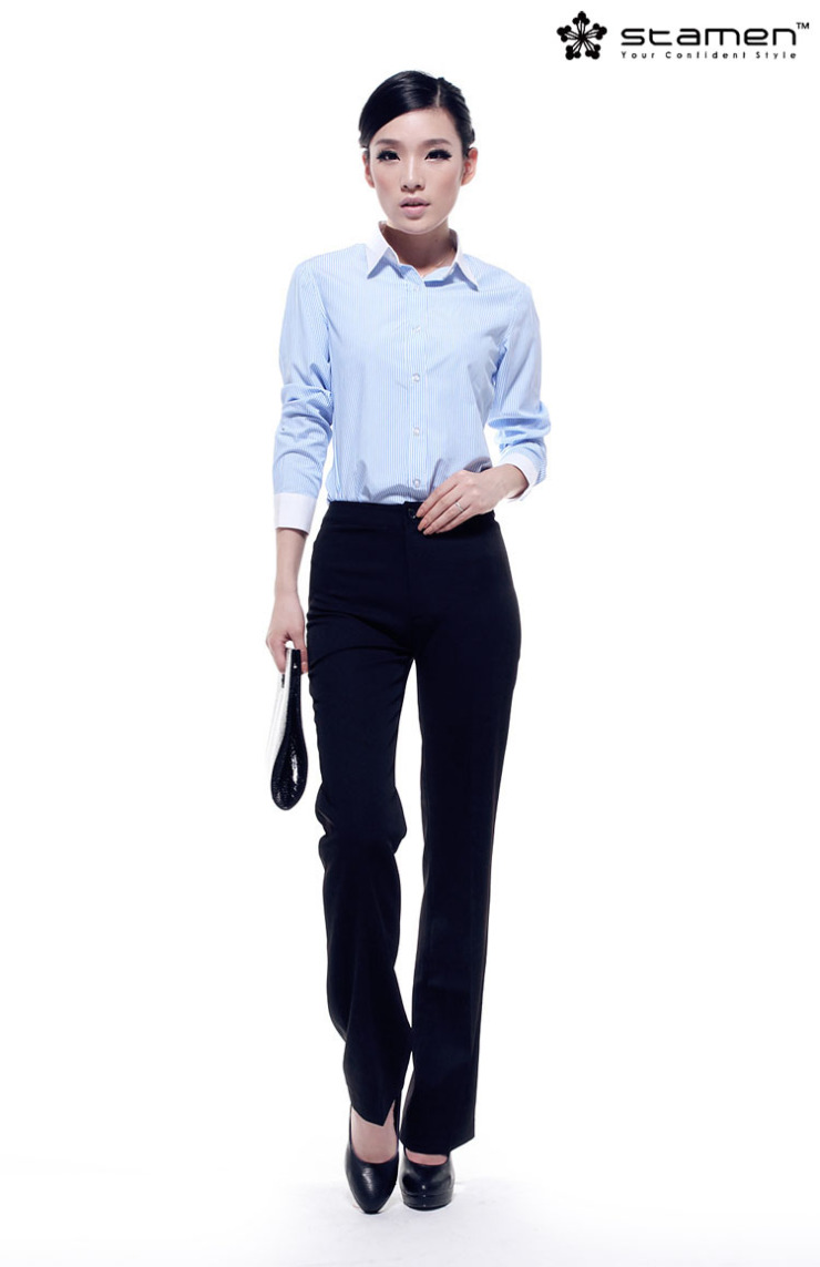 
                                        stamen 2017女装新品 白领职业衬衫女长袖香槟竖条纹长袖衬衣气质修身职业装工作装 香槟白襟蓝条长袖 M                