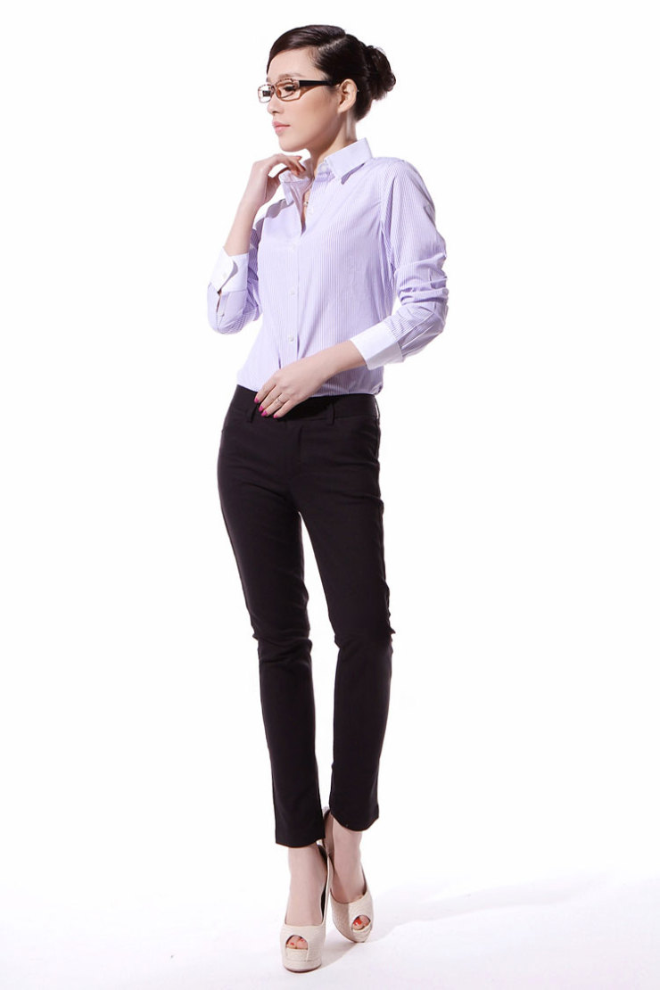
                                        stamen 2017女装新品 白领职业衬衫女长袖香槟竖条纹长袖衬衣气质修身职业装工作装 香槟白襟蓝条长袖 M                