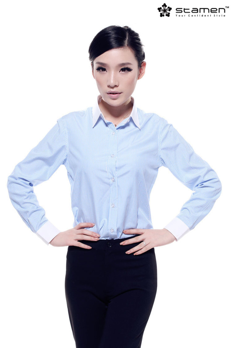 
                                        stamen 2017女装新品 白领职业衬衫女长袖香槟竖条纹长袖衬衣气质修身职业装工作装 香槟白襟蓝条长袖 M                