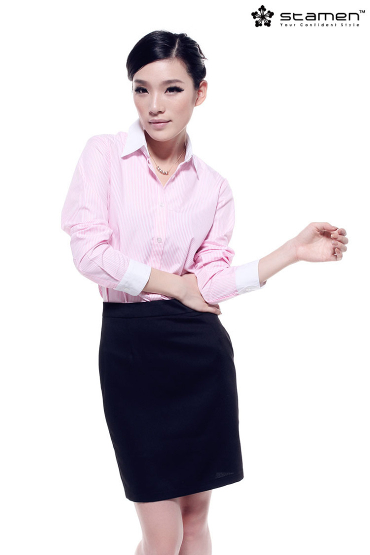 
                                        stamen 2017女装新品 白领职业衬衫女长袖香槟竖条纹长袖衬衣气质修身职业装工作装 香槟白襟蓝条长袖 M                