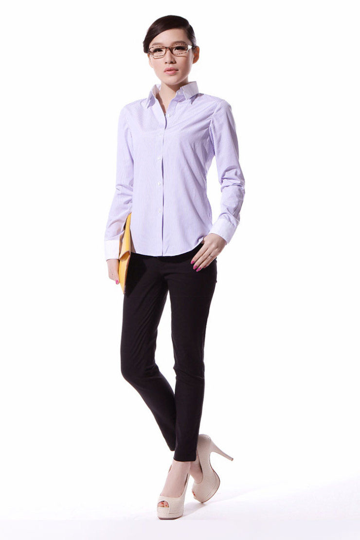 
                                        stamen 2017女装新品 白领职业衬衫女长袖香槟竖条纹长袖衬衣气质修身职业装工作装 香槟白襟蓝条长袖 M                