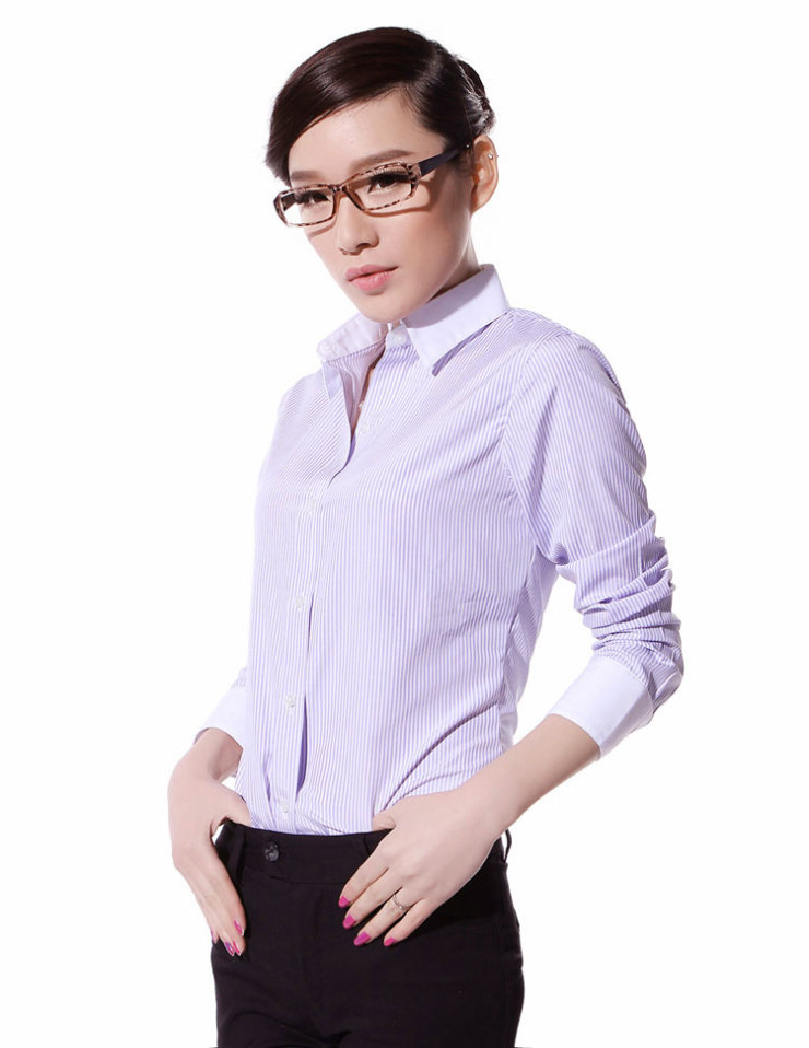 
                                        stamen 2017女装新品 白领职业衬衫女长袖香槟竖条纹长袖衬衣气质修身职业装工作装 香槟白襟蓝条长袖 M                