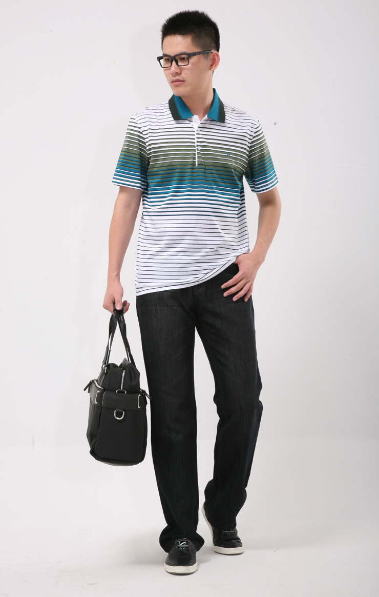 busen/步森 夏季男式丝光棉短袖t恤 男士撞色条纹纯棉polo衫btdswtwbl