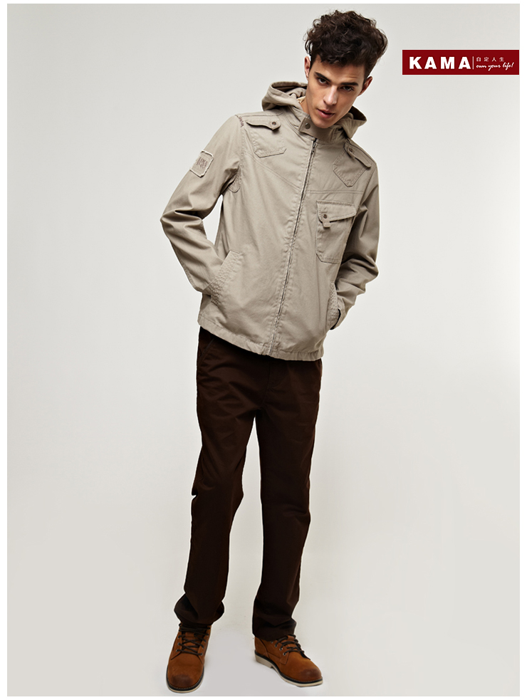 男装 外套 卡玛kama 男士扣拉装饰连帽拉链休闲外.