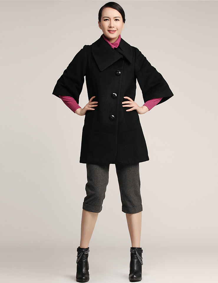 showlong 舒朗 斜领大纽扣七分袖高含量毛呢大衣 s2114h08 灰色 m