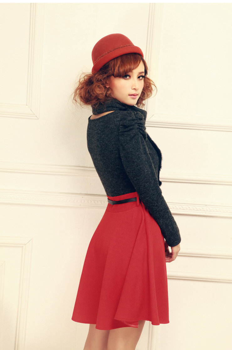 昕薇2013春款女装堆堆领兔毛拼接泡泡袖连衣裙 q323040 橘红 m