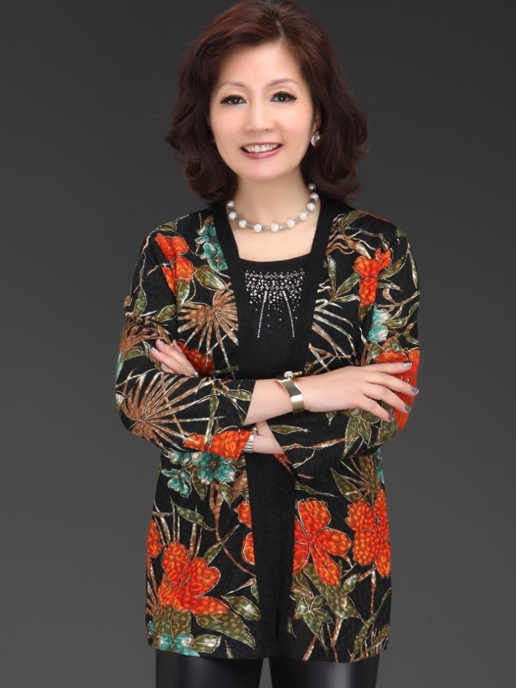 乐卡索 大花假两件长袖t恤时尚中老年妈妈装bs323zt 橙色 4xl