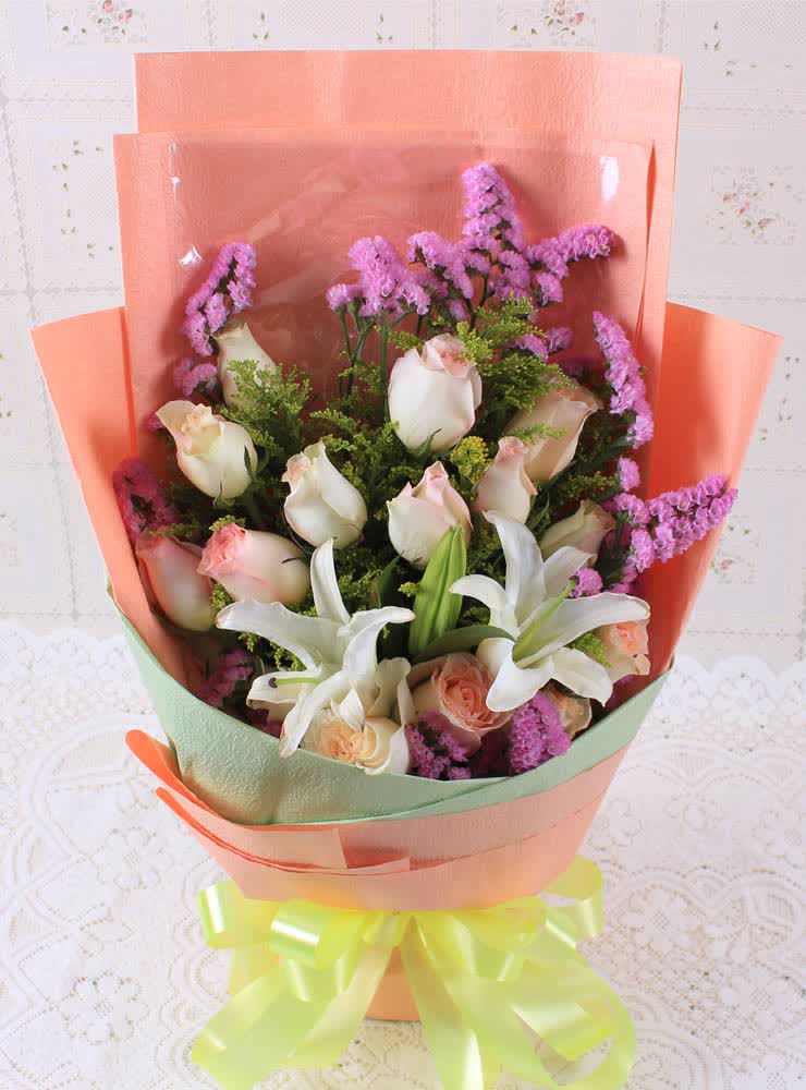 鲜花快递 花之苑 11朵香槟玫瑰3朵百合鲜花速递生日 玫瑰花 玫瑰 鲜花