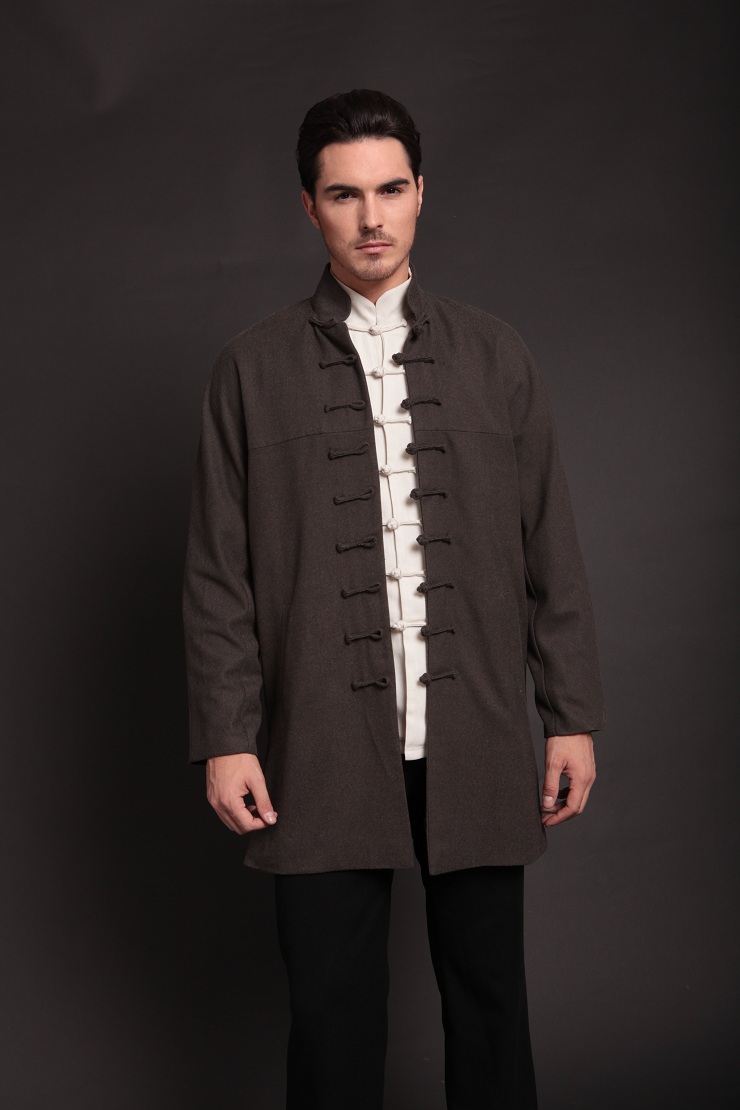 柒唐唐装秋冬风衣 新款改良男装外套 长款中国风风衣 直扣立领中式