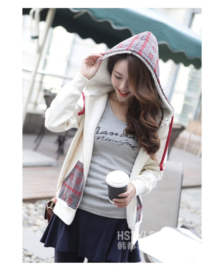 韩都衣舍 韩国2013春装新款女装加绒开衫连帽卫衣gw1916⑥ 白色 s