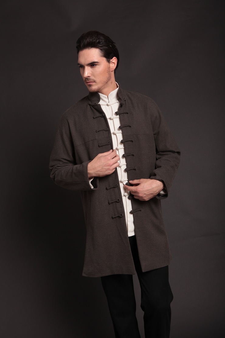 柒唐唐装秋冬风衣 新款改良男装外套 长款中国风风衣 直扣立领中式