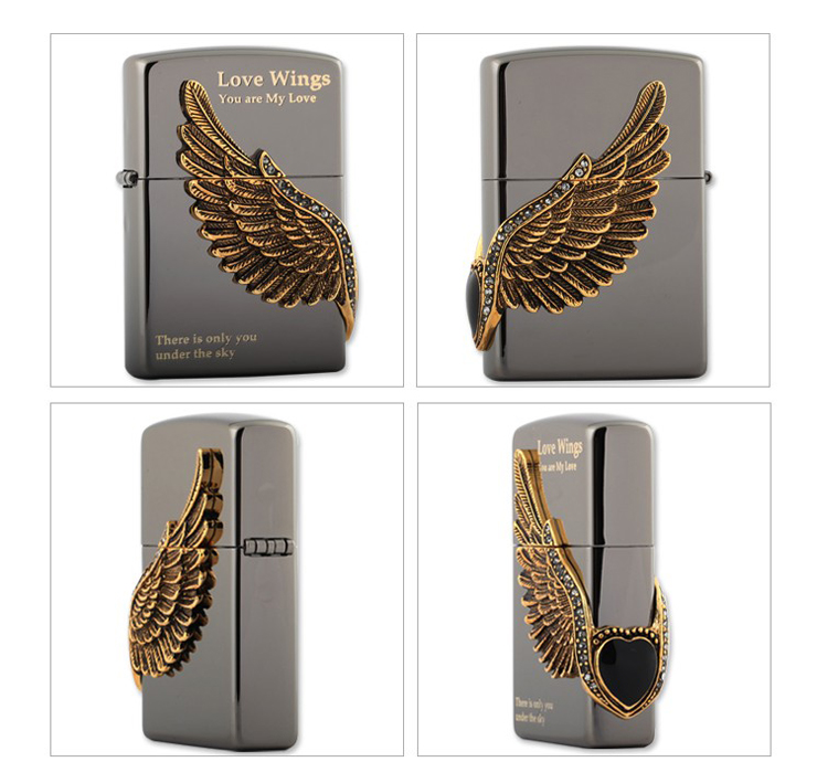 zippo打火机 三面环绕侧徽章 黑冰镶钻徽章 爱之翼love-wings