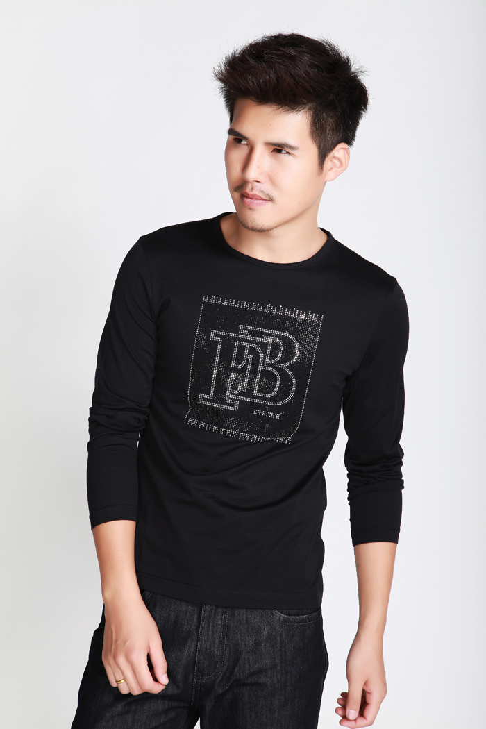 法勃尔faboer 春秋男装新品男士上衣圆领烫钻 长袖t恤 韩版修身