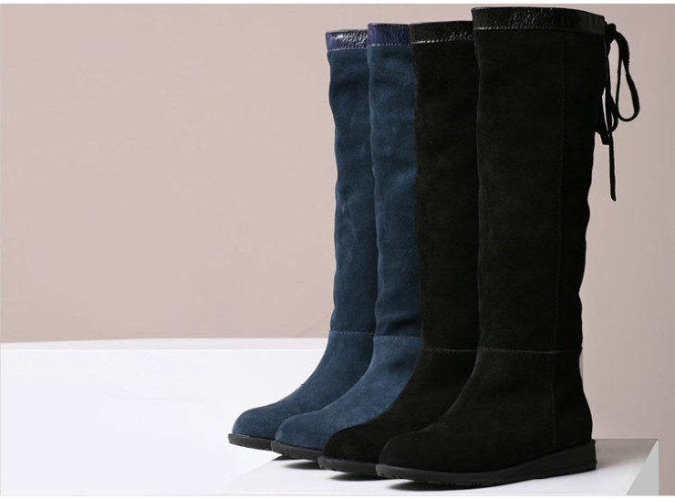 amii极简新品两穿后系带及膝真皮女靴平底靴子 11120601 蓝色 37