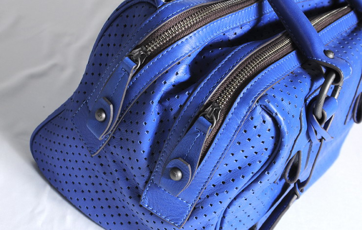 圣龙 冲孔软牛皮彩蓝双层拉链手提包 10001016