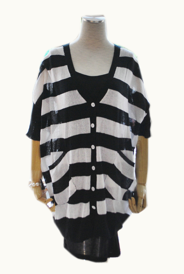 aigi 宽松休闲蝙蝠袖黑白条纹针织开衫外套 韩版两件套 371326 条纹