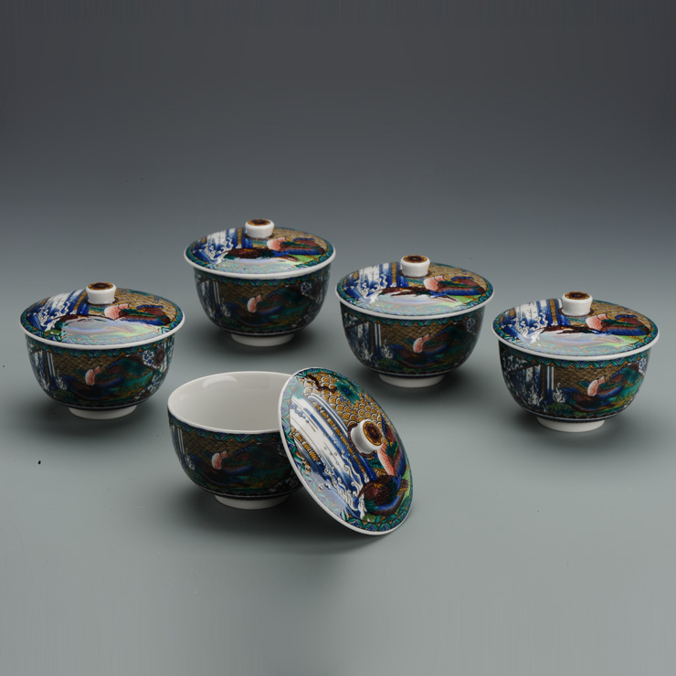 日本九谷烧 仙龙作 古九谷花鸟 盖付茶杯套装 茶具 k-1-777