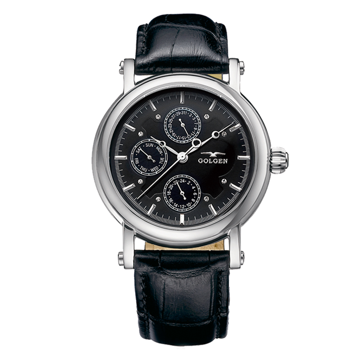 古尊golgen 石英表 男士手表 男表 运动休闲系列 黑面黑色真皮表带
