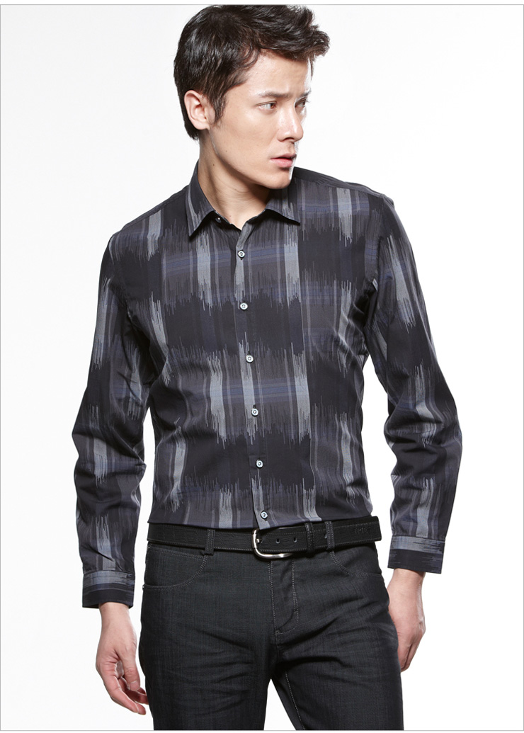 才子/tries 纯棉不易起皱黑蓝色男长袖休闲衬衫修身 暗蓝色 xxl