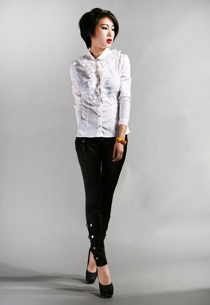 viscap维斯凯女装 范冰冰代言翻领甜美公主泡泡袖荷叶边衬衫 54 xl