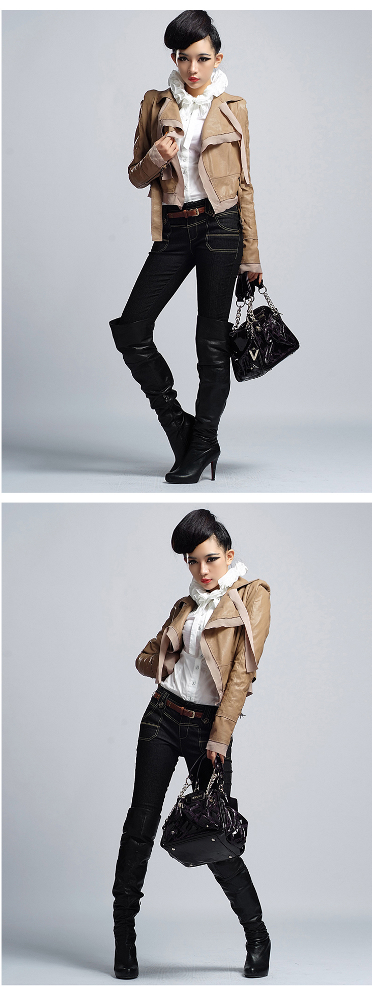 bessie贝茜品质女装秋装新品修身短款皮衣外套bs11ac015 米色 s