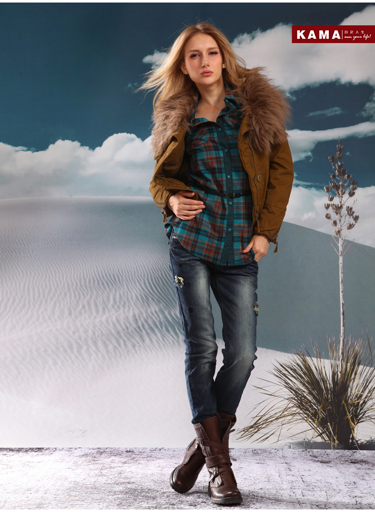 卡玛kama 士时尚百搭毛领夹克棉服 7412750 军绿色 s