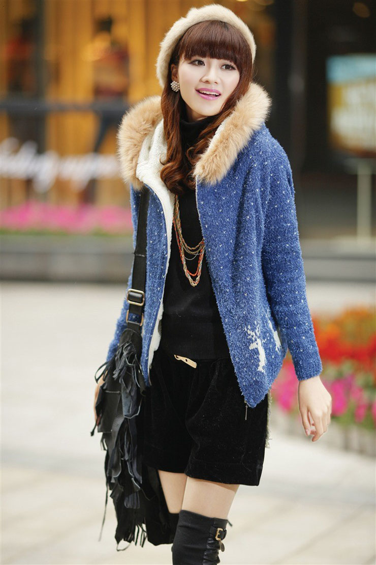 艾致倩 冬季新款韩版连帽毛线衣女装针织衫保暖毛衣11118 蓝色 均码