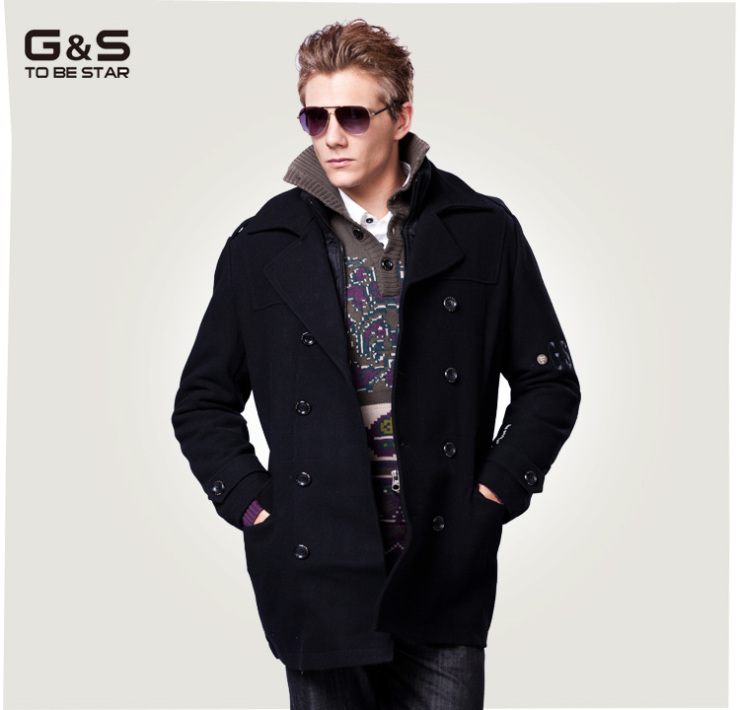 gs专柜正品 2012秋冬新款呢大衣 男装外套 修身 大衣 男 黑色 l