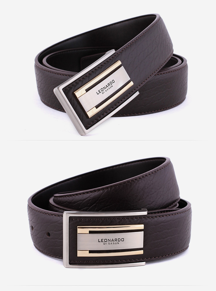 leonardo利奥纳多老人头男士头层牛皮内藏式板扣平滑扣皮带腰带 啡色