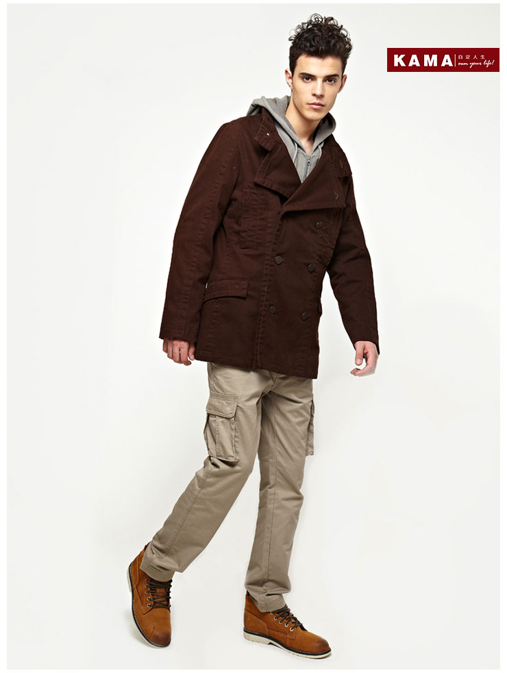 卡玛kama 男士立领翻领两穿连帽双排扣休闲外套 2312721