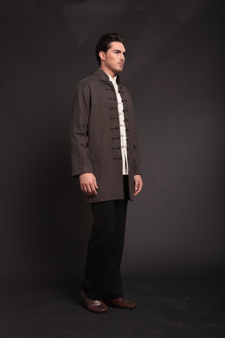 柒唐唐装秋冬风衣 新款改良男装外套 长款中国风风衣 直扣立领中式