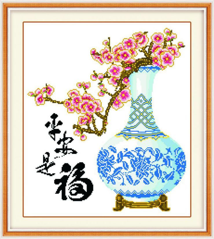 金度100印布十字绣 平安是福 花瓶 瓶子 印画 印花 十字秀