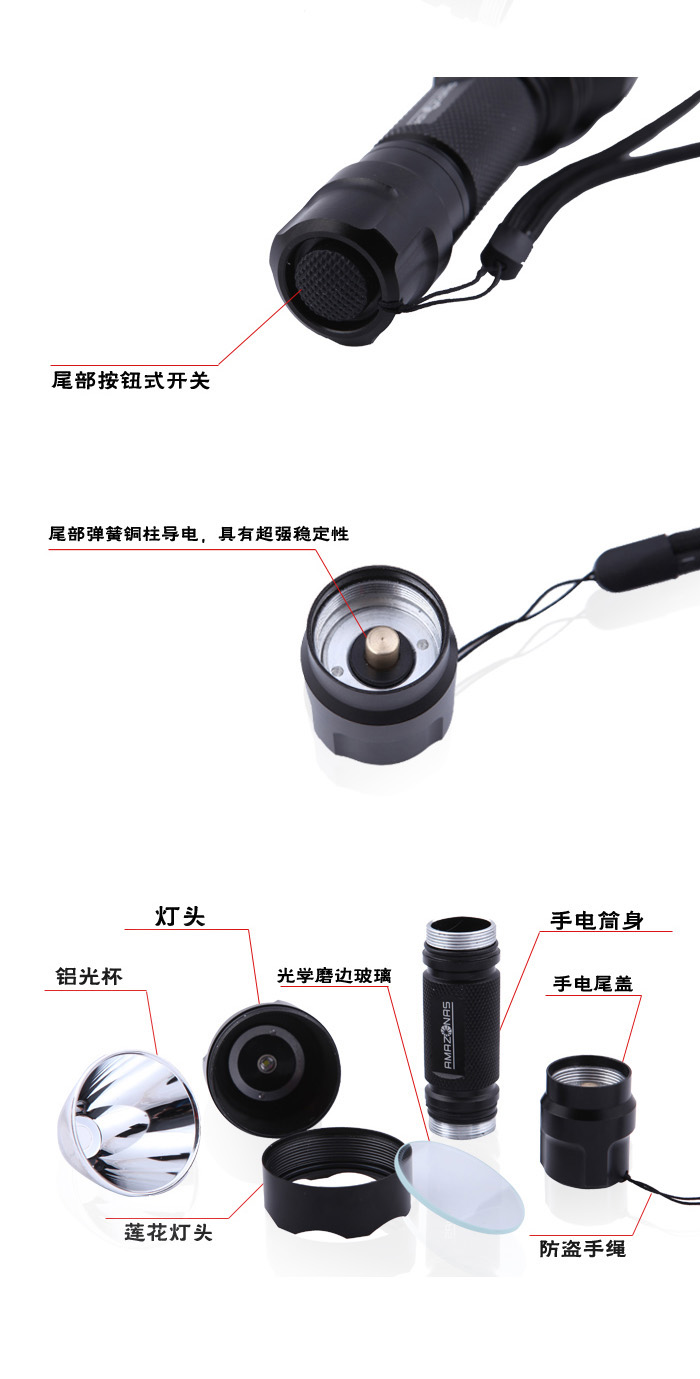亚马逊应急灯照明LED强光手电筒充电远射防水家用消防手电A8 钛黑色