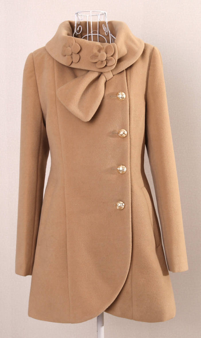 dadayuga韩版新款优雅立体花朵衣领单排扣毛呢大衣女修身毛呢外套