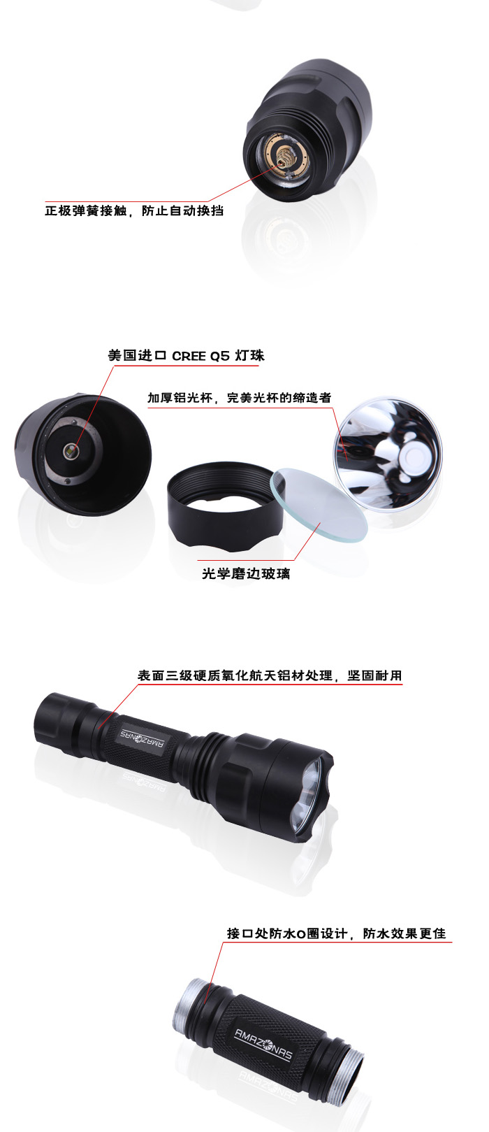 亚马逊应急灯照明LED强光手电筒充电远射防水家用消防手电A8 钛黑色