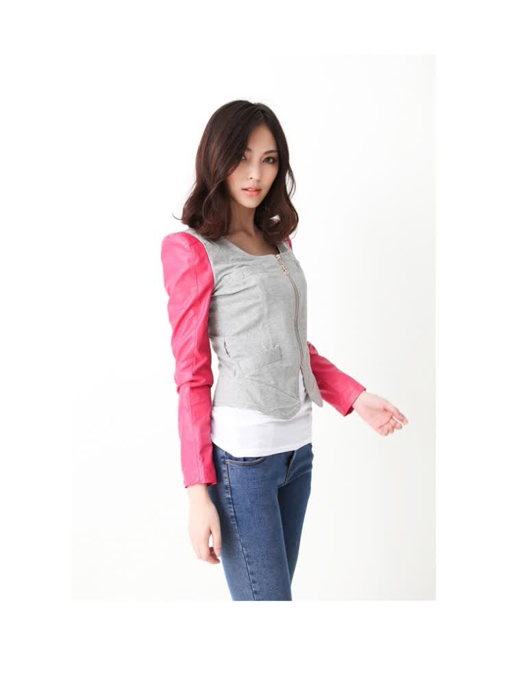 薇尔正品 秋季女装外套新款 女休闲韩版pu皮革外套 秋衣 短外套 玫红